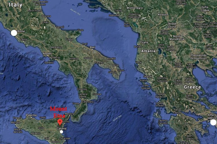Mount Etna in Catania, Sicily, is 494 miles southeast of Rome, Italy. Click map to enlarge.