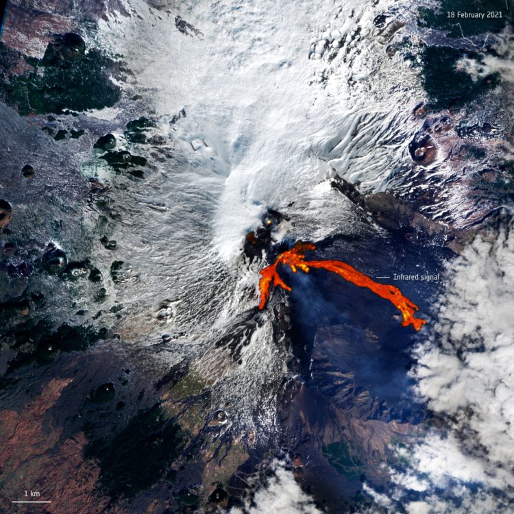 Italy’s Mount Etna, one of the world’s most active volcanoes, erupted twice in less than 48 hours, spewing a fountain of lava and ash into the sky that was captured February 18, 2021 at 09:40 GMT by the Copernicus Sentinel-2 mission. CS-2 processed the Mount Etna eruptions in shortwave-infrared band to show the lava flow in bright red.