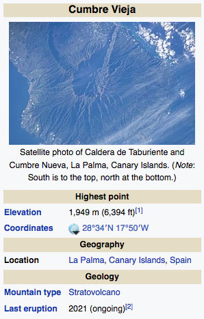 Wikipedia Cumbre Vieja ("Old Peak") showing satellite photo of Caldera de Taburiente and Cumbre Nueva, La Palma, Canary Islands. 