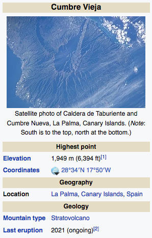 Wikipedia Cumbre Vieja ("Old Peak") showing satellite photo of Caldera de Taburiente and Cumbre Nueva, La Palma, Canary Islands.