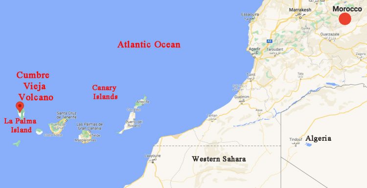 La Palma, Canary Islands — 62 miles (100 km) off the west coast of Morocco in the Atlantic Ocean — is 3,234 miles from New York City. Is there a possible tsunami threat to the American East Coast if  La Palma's Cumbre Vieja volcano keeps erupting and very large chunks of land collapse into the ocean? Click to enlarge map.