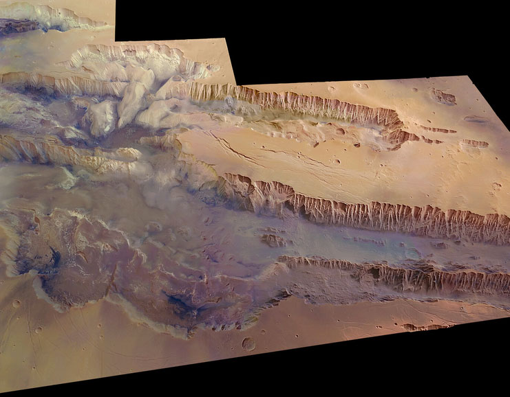 Valles Marineris canyon on Mars is 10 times longer and 5 times deeper than Grand Canyon in the American southwest. ESA and Russian scientists used the Trace Gas Orbiter on Mars to map the hydrogen content of Martian soil by detecting neutrons rather than light photons. The scientists are shocked to discover some 6,000 square miles of water ice down in the canyon. Assembled image by European Space Agency, ESA.