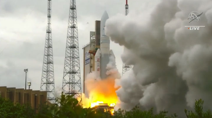 James Webb Space Telescope had a beautiful launch this Christmas morning on an Ariane 5 rocket from the Guiana Space Center in Kourou, French Guina, December 25, 2021. Webb travels for about a month to reach its orbit at the second Sun-Earth Lagrange point (L2), 1.5 million kilometers (940,000 miles) from Earth. Image by NASA.