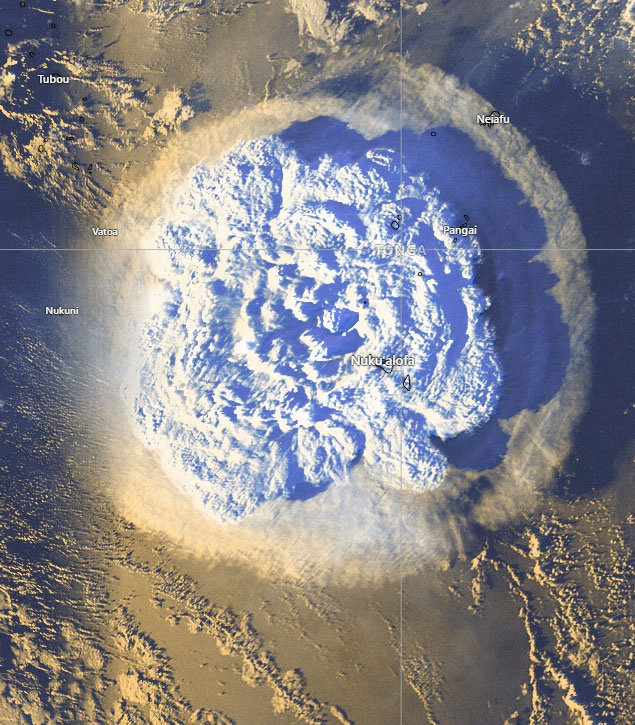 Satellite image of the Hunga Tonga Ha'apai, Polynesia, volcano's biggest eruption on Saturday, January 15, 2022, at ----- local time. Image by Japan Meteorology Agency via AP and The Times of Israel.